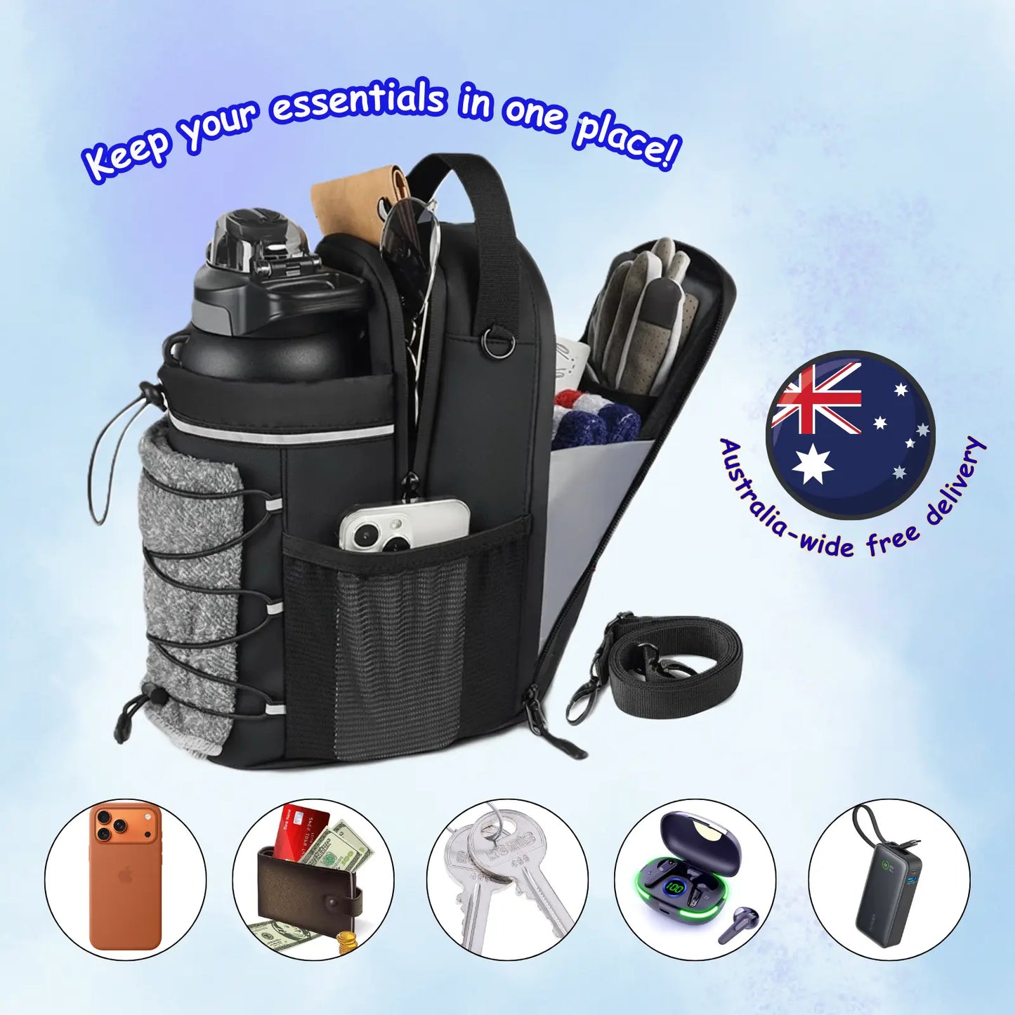 Magnetic Water Bottle Sling Bag for Gym, Hiking & Outdoors