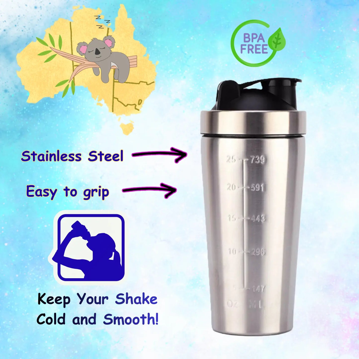 750ML Stainless Steel Protein Shaker Bottle